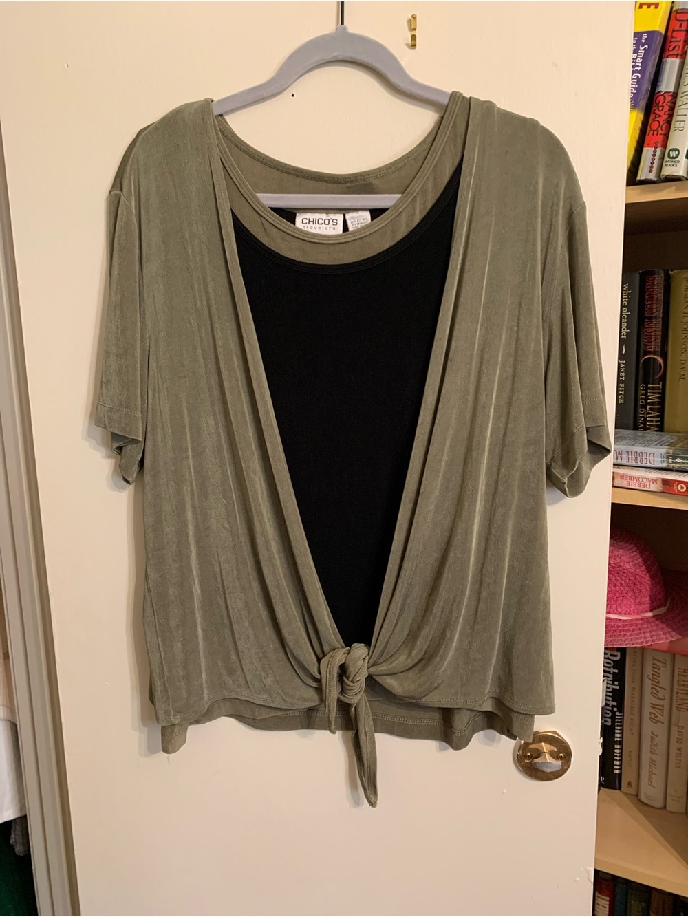 Chico's size 3 Olive Green Draped Front-Tie Short Sleeve Top with Black Insert